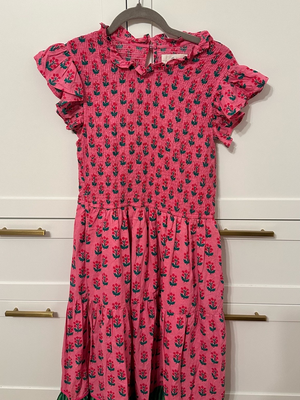 Printfresh pink floral block print flutter sleeve smocked dress M L